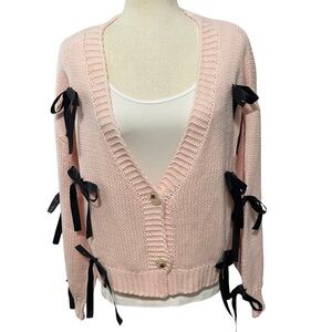 Women’s Bow Cardigan Sweater Oversized Coquette Black Ribbon Accents sz L Pink